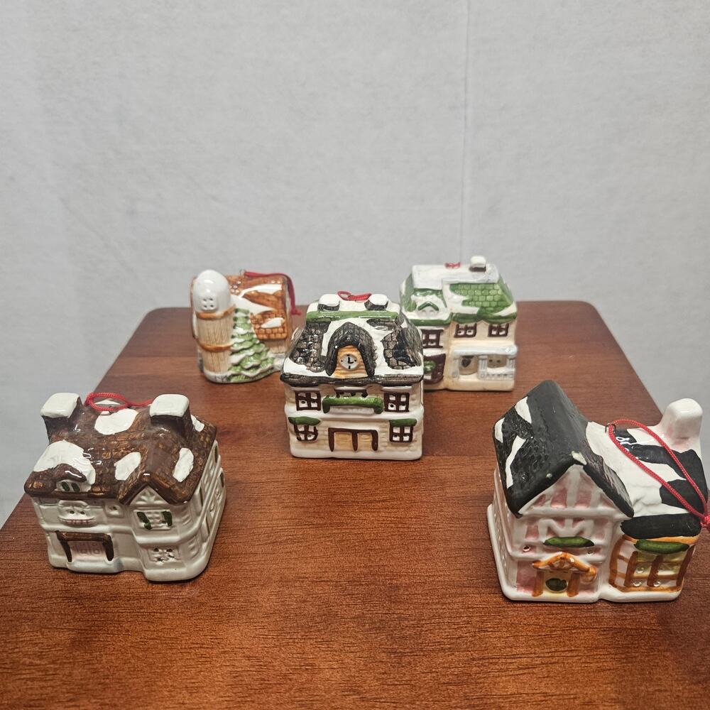 Vintage Ceramic Christmas Village House Hanging Ornaments set 5
